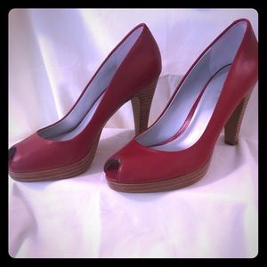 LOFT Red Leather Peep Toe Pumps